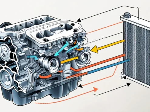 sistema-arrefecimento-motor-componentes-fluxo Diagrama do ciclo de arrefecimento automotivo mostrando o fluxo do líquido entre o bloco do motor, válvula termostática e radiador.