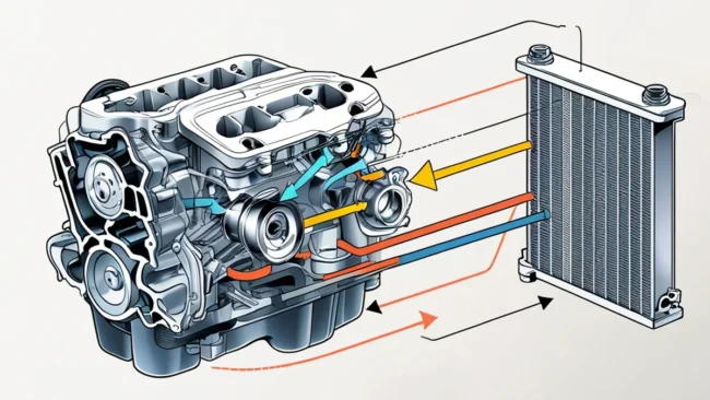 Diagrama do ciclo de arrefecimento automotivo mostrando o fluxo do líquido entre o bloco do motor, válvula termostática e radiador.