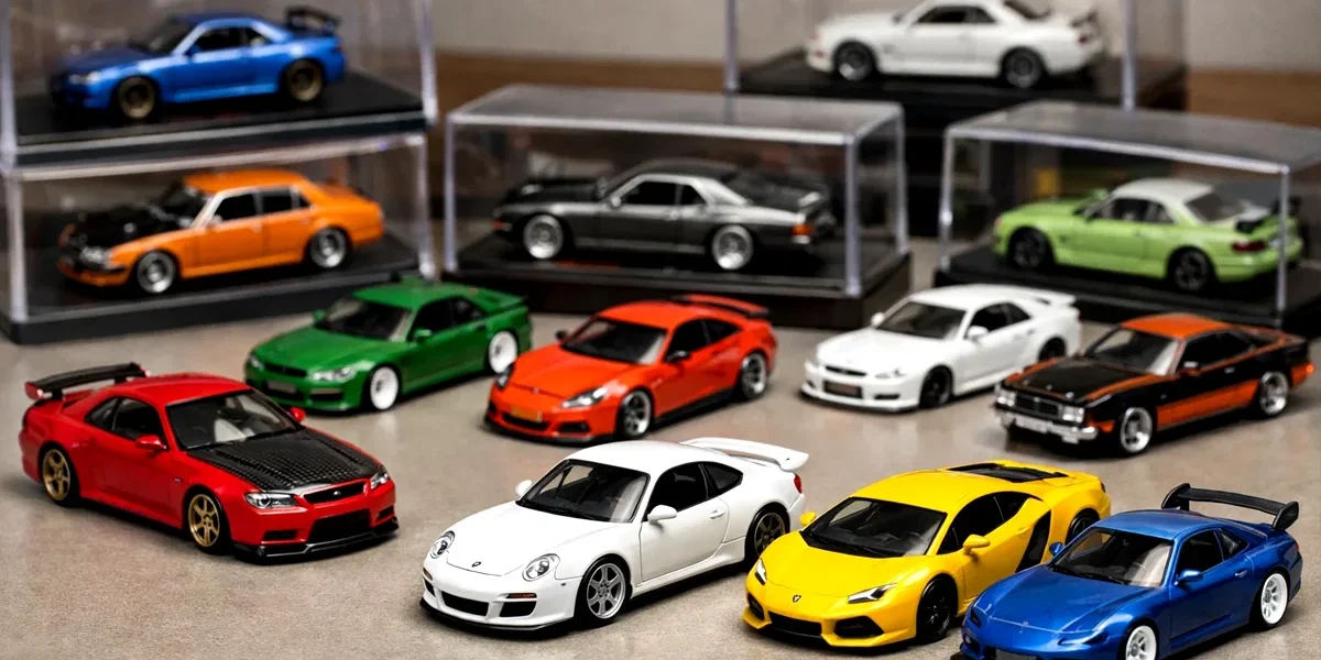 Coleção de miniaturas de carros diversas em escala 1:64, incluindo modelos em embalagens e fora delas para avaliação.