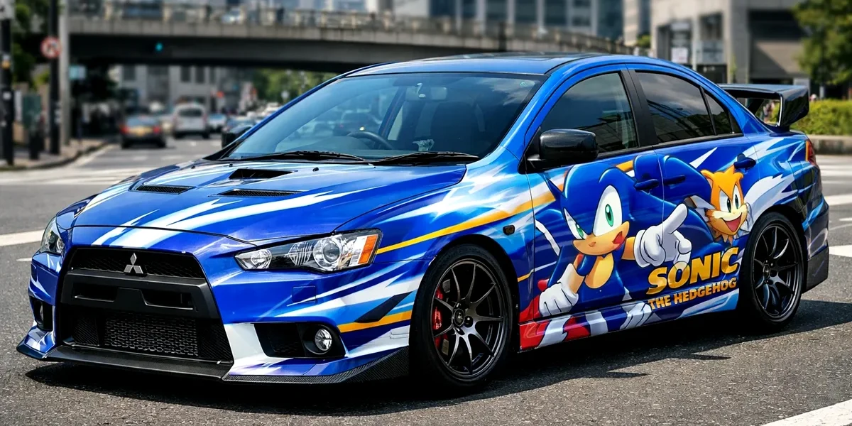Carro com estilo Itasha apresentando adesivos de anime na lateral, estacionado em ambiente urbano sob luz do dia.