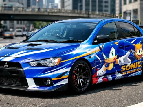 Carro com estilo Itasha apresentando adesivos de anime na lateral, estacionado em ambiente urbano sob luz do dia.