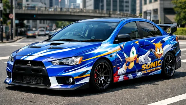 Carro com estilo Itasha apresentando adesivos de anime na lateral, estacionado em ambiente urbano sob luz do dia.