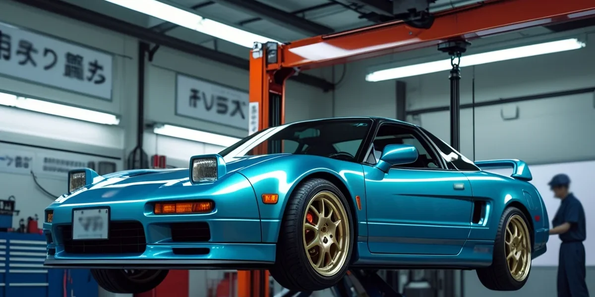 carro-jdm-inspecao-shaken-japao Carro esportivo japonês em um elevador de oficina sendo inspecionado tecnicamente para o teste Shaken no Japão.