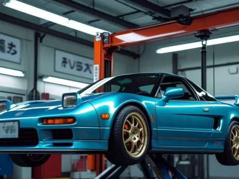 Carro esportivo japonês em um elevador de oficina sendo inspecionado tecnicamente para o teste Shaken no Japão.