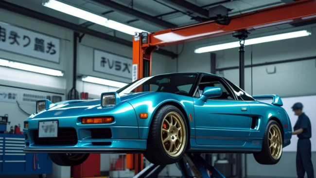 Carro esportivo japonês em um elevador de oficina sendo inspecionado tecnicamente para o teste Shaken no Japão.