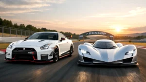 Nissan GT-R Nismo e Aspark Owl lado a lado representando a evolução da velocidade automotiva japonesa em uma pista.