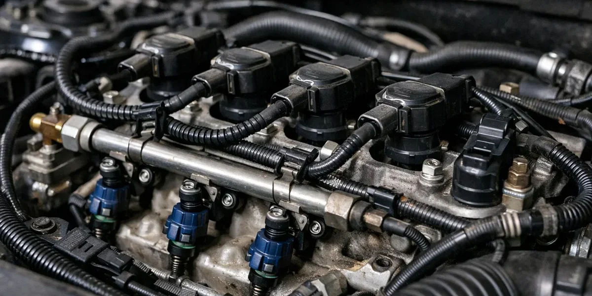 Vista aproximada de um motor de carro com foco nos componentes do sistema de ignição e injeção para diagnóstico de partida lenta.