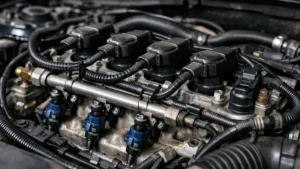 Vista aproximada de um motor de carro com foco nos componentes do sistema de ignição e injeção para diagnóstico de partida lenta.