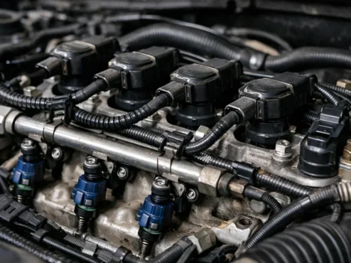 Vista aproximada de um motor de carro com foco nos componentes do sistema de ignição e injeção para diagnóstico de partida lenta.