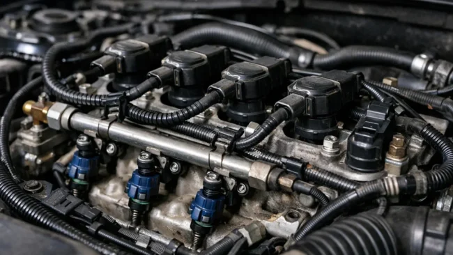 Vista aproximada de um motor de carro com foco nos componentes do sistema de ignição e injeção para diagnóstico de partida lenta.