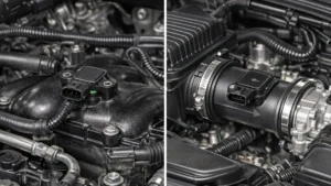 Comparação visual entre um sensor MAP instalado no coletor e um sensor MAF localizado no duto de admissão de um carro.