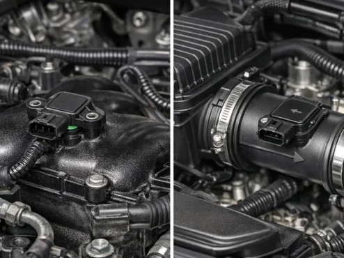 Comparação visual entre um sensor MAP instalado no coletor e um sensor MAF localizado no duto de admissão de um carro.