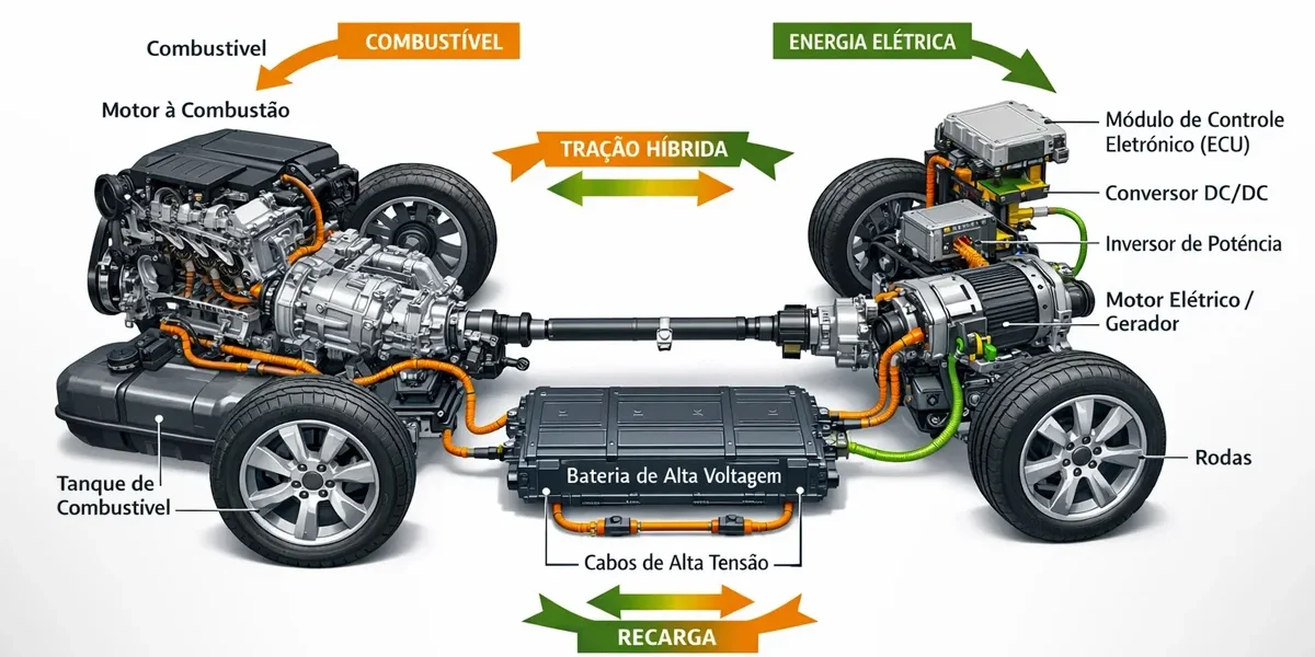 Esquema detalhado de um motor híbrido moderno mostrando a integração entre o sistema elétrico e o motor a combustão.