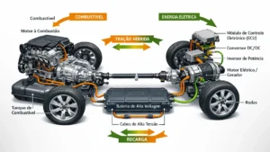 Esquema detalhado de um motor híbrido moderno mostrando a integração entre o sistema elétrico e o motor a combustão.