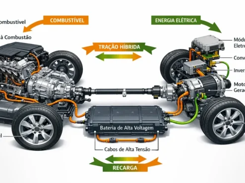 Esquema detalhado de um motor híbrido moderno mostrando a integração entre o sistema elétrico e o motor a combustão.