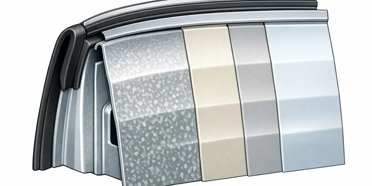 Esquema de vedação de porta automotiva e camadas de proteção contra corrosão em aço galvanizado de um carro japonês.