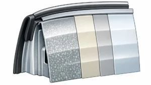 Esquema de vedação de porta automotiva e camadas de proteção contra corrosão em aço galvanizado de um carro japonês.