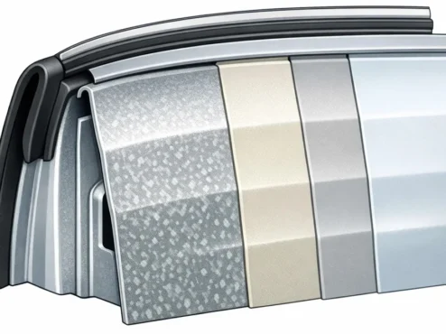 Esquema de vedação de porta automotiva e camadas de proteção contra corrosão em aço galvanizado de um carro japonês.