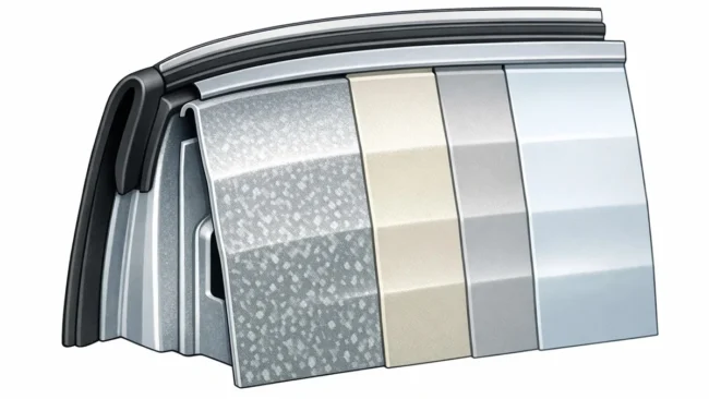 Esquema de vedação de porta automotiva e camadas de proteção contra corrosão em aço galvanizado de um carro japonês.