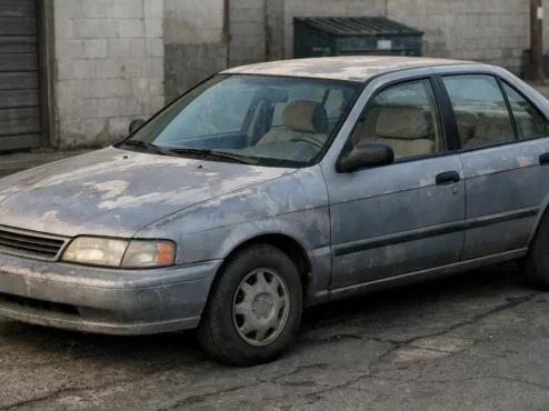 Carro com pintura desgastada e interior descuidado representando os principais fatores de desvalorização automotiva.
