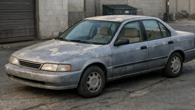 Carro com pintura desgastada e interior descuidado representando os principais fatores de desvalorização automotiva.