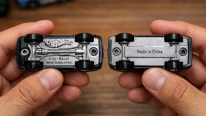 Comparativo detalhado entre o chassi de uma miniatura diecast original e uma réplica falsificada evidenciando marcações.