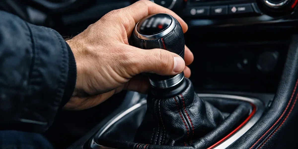 Close-up de mão de motorista trocando marcha, ilustrando hábitos que podem afetar a transmissão do veículo.