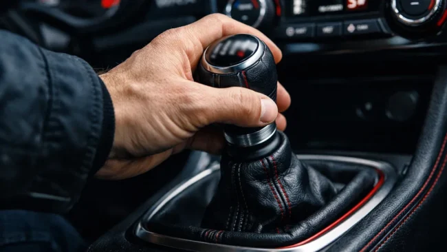 Close-up de mão de motorista trocando marcha, ilustrando hábitos que podem afetar a transmissão do veículo.