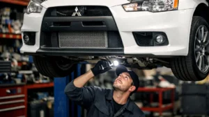 Homem inspecionando o cofre do motor de um carro usado para verificar vazamentos e fluidos antes da compra.