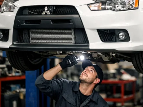 Homem inspecionando o cofre do motor de um carro usado para verificar vazamentos e fluidos antes da compra.