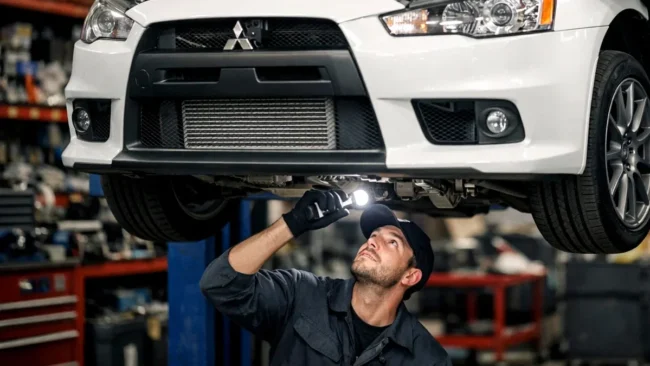 Homem inspecionando o cofre do motor de um carro usado para verificar vazamentos e fluidos antes da compra.