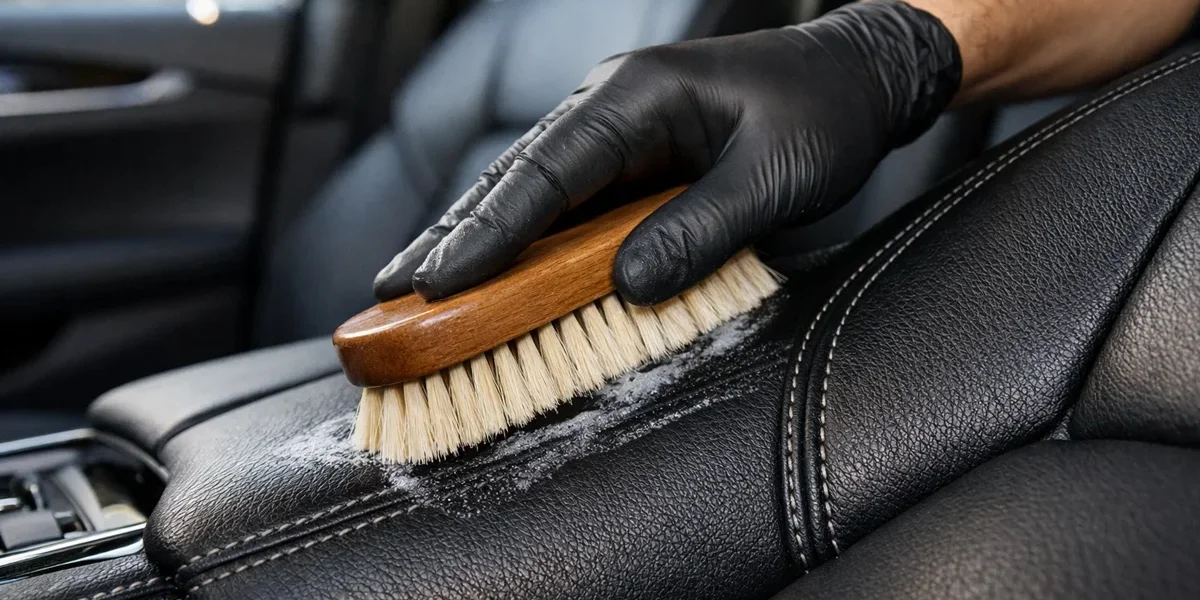Pessoa utilizando escova de cerdas macias para limpar detalhadamente um banco de couro preto de um carro de luxo.