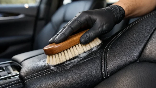 Pessoa utilizando escova de cerdas macias para limpar detalhadamente um banco de couro preto de um carro de luxo.