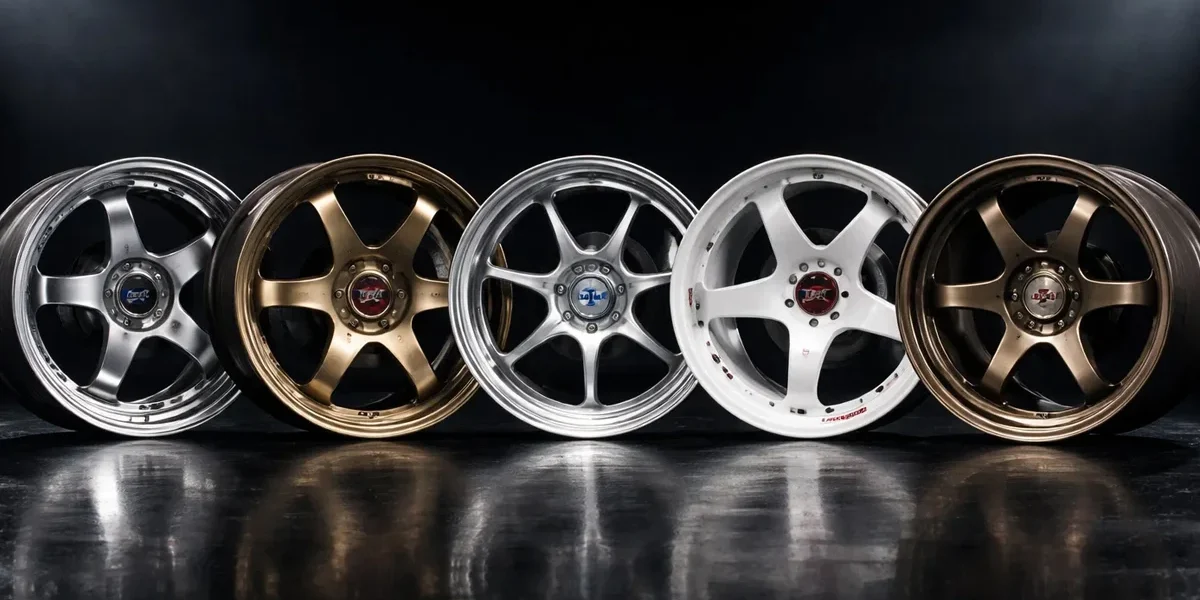 Comparativo de rodas JDM famosas incluindo a Volk Racing TE37 e Enkei RPF1 em um estúdio com iluminação dramática.