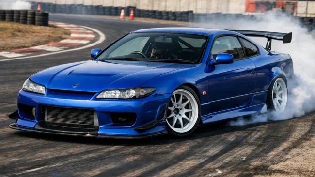 Nissan Silvia S15 azul Spec-R preparado para drift em uma pista, destacando o design icônico e as rodas esportivas.