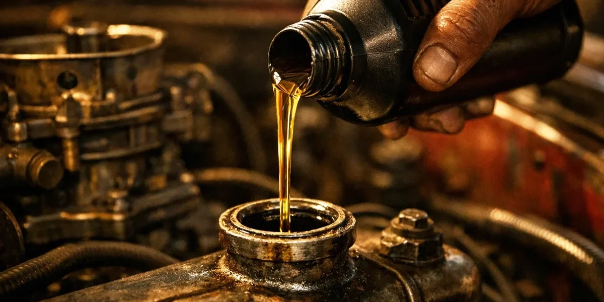 Mão despejando óleo lubrificante em um bocal de combustível, ilustrando truques antigos de manutenção automotiva.