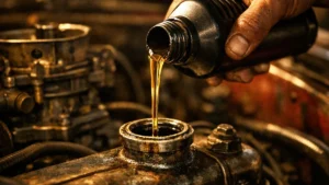 Mão despejando óleo lubrificante em um bocal de combustível, ilustrando truques antigos de manutenção automotiva.