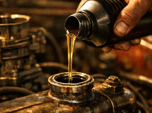 Mão despejando óleo lubrificante em um bocal de combustível, ilustrando truques antigos de manutenção automotiva.