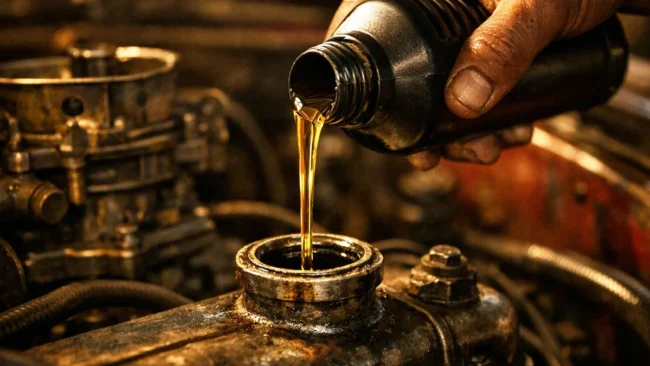 Mão despejando óleo lubrificante em um bocal de combustível, ilustrando truques antigos de manutenção automotiva.