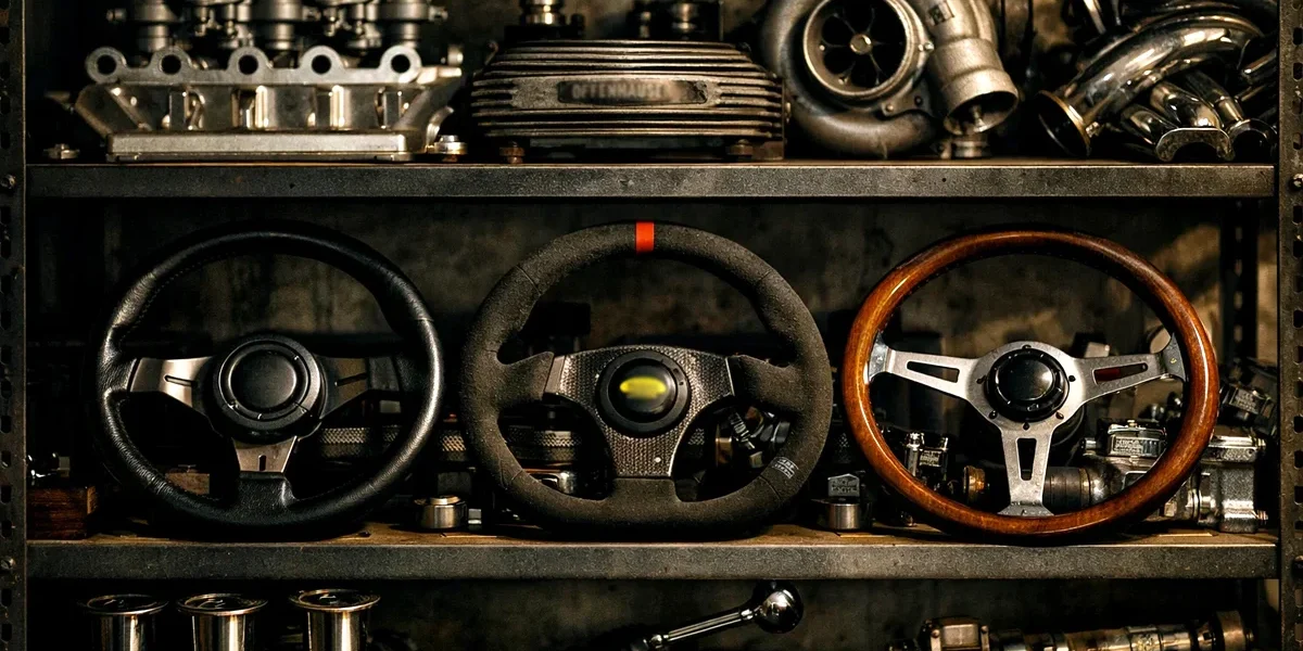 Prateleira de garagem com peças automotivas raras e volantes esportivos organizados, representando segurança e cuidado.