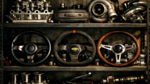 Prateleira de garagem com peças automotivas raras e volantes esportivos organizados, representando segurança e cuidado.