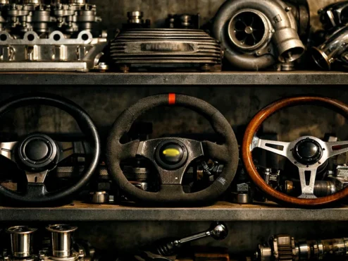 Prateleira de garagem com peças automotivas raras e volantes esportivos organizados, representando segurança e cuidado.