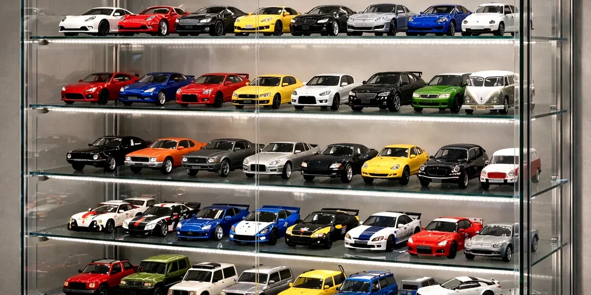 protecao-vitrine-vidro-miniaturas-diecast-limpeza Vitrine de vidro iluminada com fitas de LED exibindo coleção de miniaturas automotivas livres de poeira e umidade.