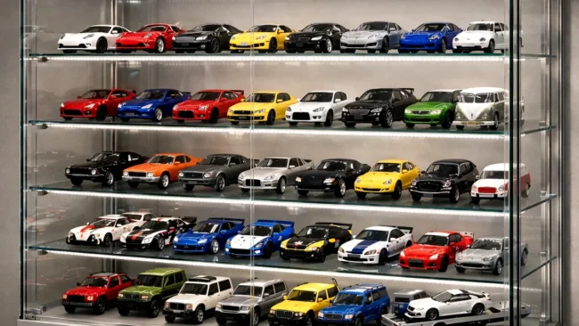 Vitrine de vidro iluminada com fitas de LED exibindo coleção de miniaturas automotivas livres de poeira e umidade.