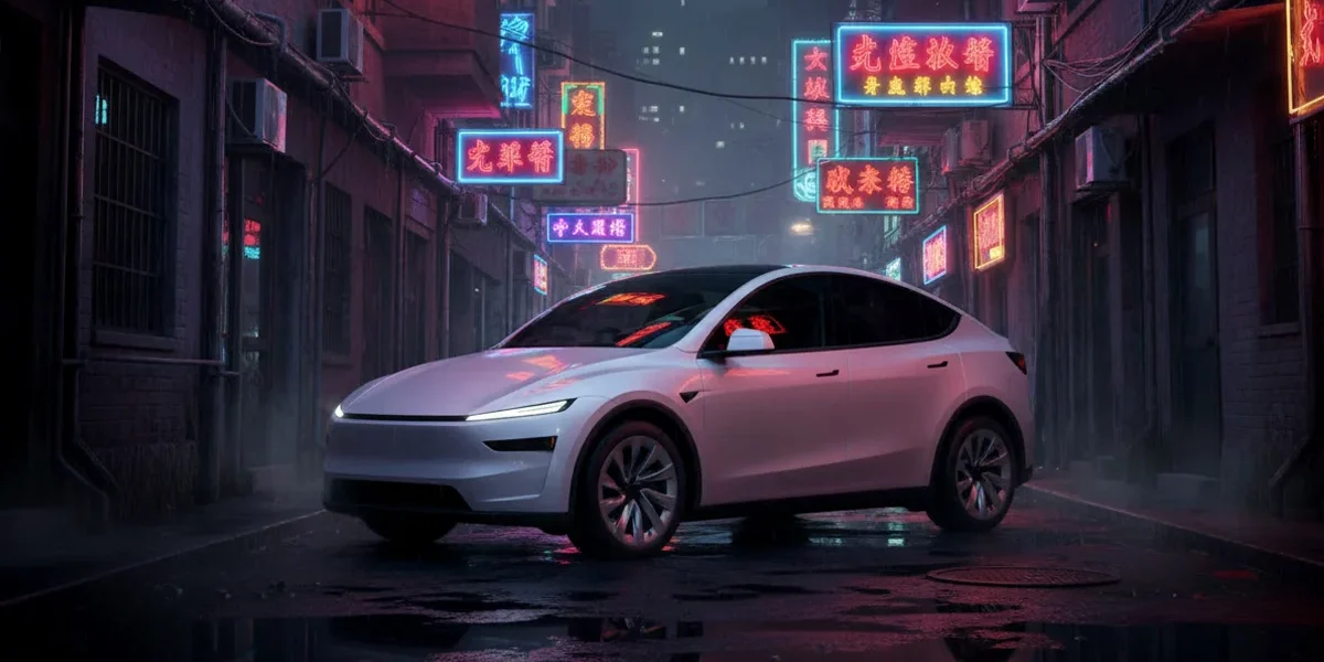 Vista frontal do novo Tesla Model Y com faróis finos e design aerodinâmico