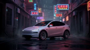 Vista frontal do novo Tesla Model Y com faróis finos e design aerodinâmico