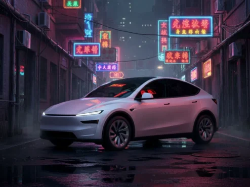 Vista frontal do novo Tesla Model Y com faróis finos e design aerodinâmico