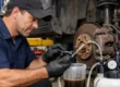 Mecânico realizando a sangria do sistema de freios de um carro para substituição total do fluido contaminado.