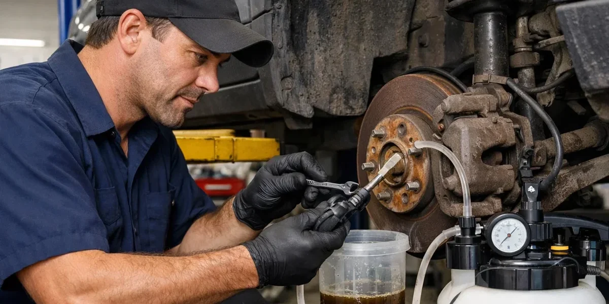 Mecânico realizando a sangria do sistema de freios de um carro para substituição total do fluido contaminado.