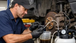 Mecânico realizando a sangria do sistema de freios de um carro para substituição total do fluido contaminado.